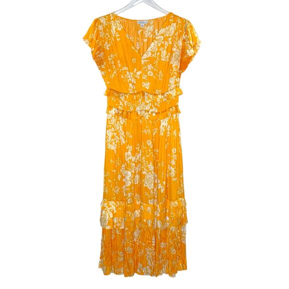 Current Air S Anthropologie Ruffled Sleeve Yellow Floral Midi Dress Silky - Picture 1 of 8